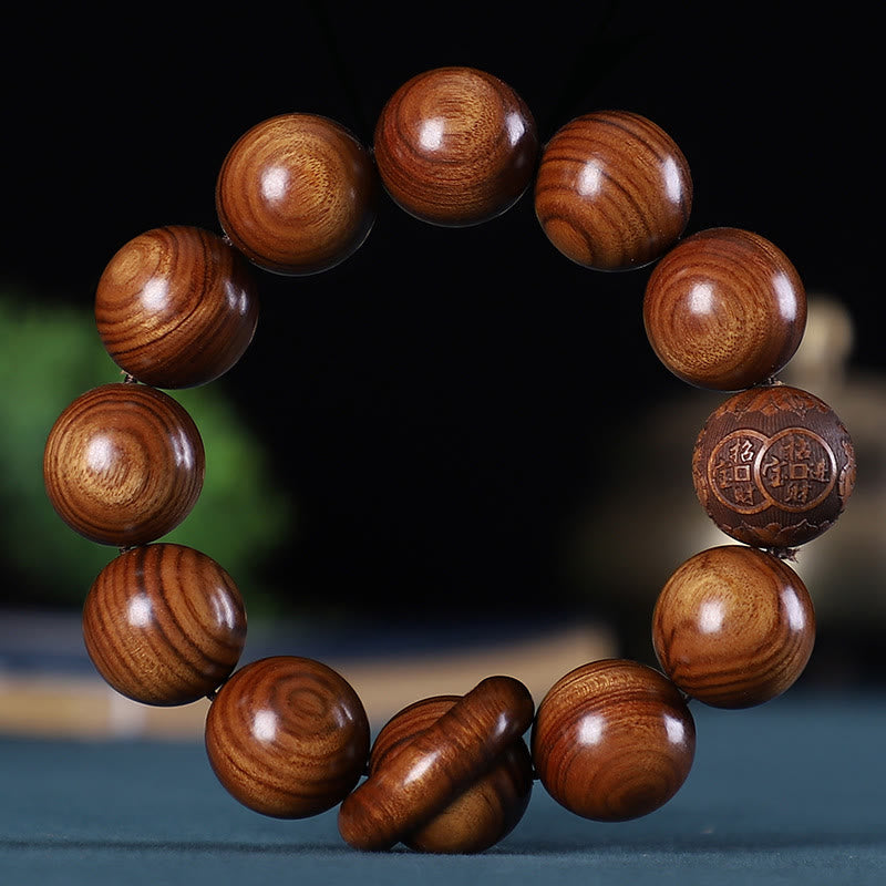 KarmaRipple's Chinese Zodiac Rosewood Green Sandalwood Ebony Wood Bronze Coin Carved Calm Bracelet p2