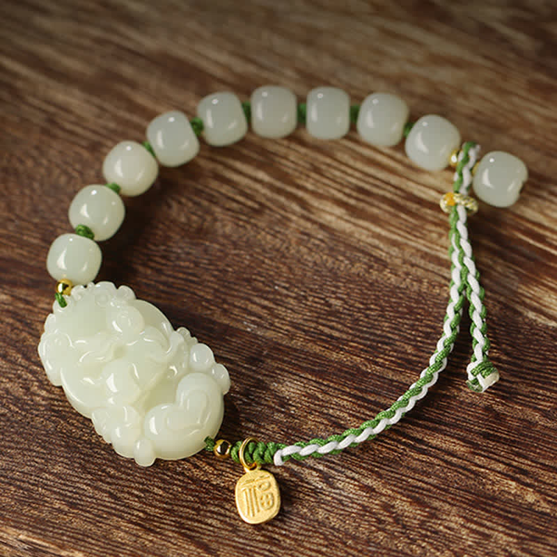 KarmaRipple's 925 Sterling Silver Chinese Zodiac Hetian Jade Happiness Fortune String Bracelet p13