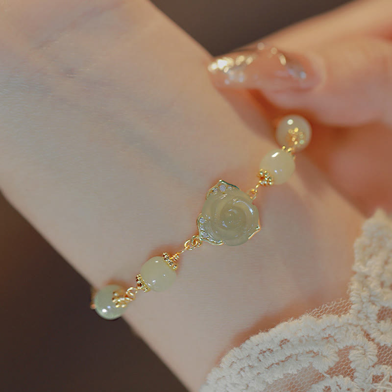 KarmaRipple's 14K Gold Plated Hetian Jade Rose Flower Fortune Chain Bracelet p4