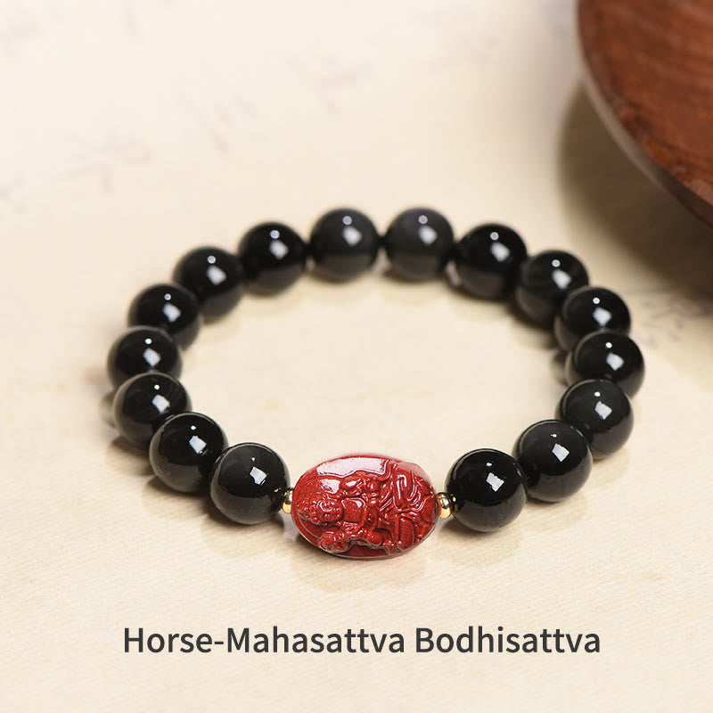 KarmaRipple's Chinese Zodiac Natal Buddha Authentic Black Obsidian Cinnabar Purification Bracelet p50