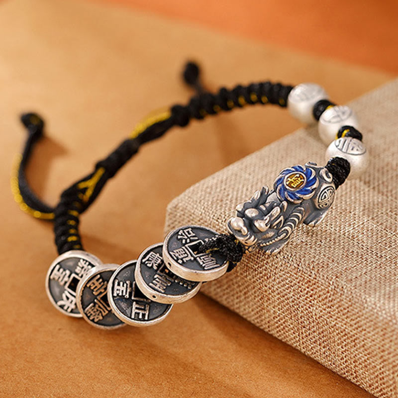 KarmaRipple's 999 Sterling Silver FengShui PiXiu Bronze Coin Fu Character Wealth Woven Bracelet p5