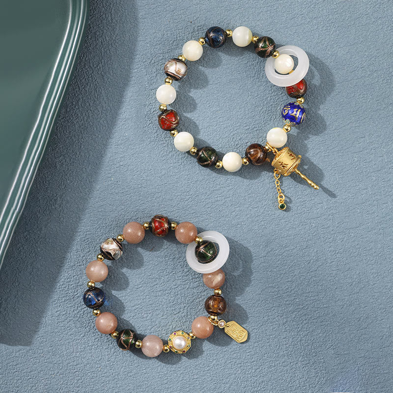 KarmaRipple's Tibetan Incense Ash Liuli Glass Tridacna Stone Sun Stone Om Mani Padme Hum Prayer Wheel Talisman Bracelet p3
