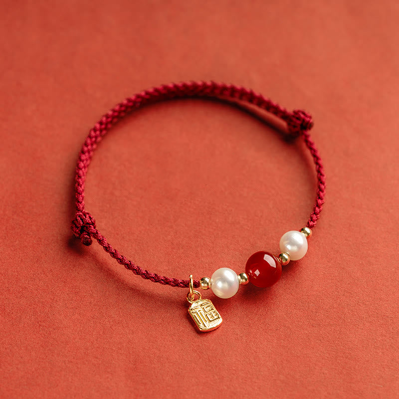 KarmaRipple's 925 Sterling Silver Good Fortune Fu Character Agate Pearl Red String Braid Bracelet p5