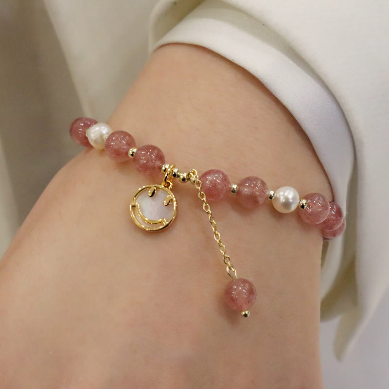 KarmaRipple's Strawberry Quartz Pearl Elk Smiley Face Fishtail Fu Character Talisman Balancing Bracelet p9
