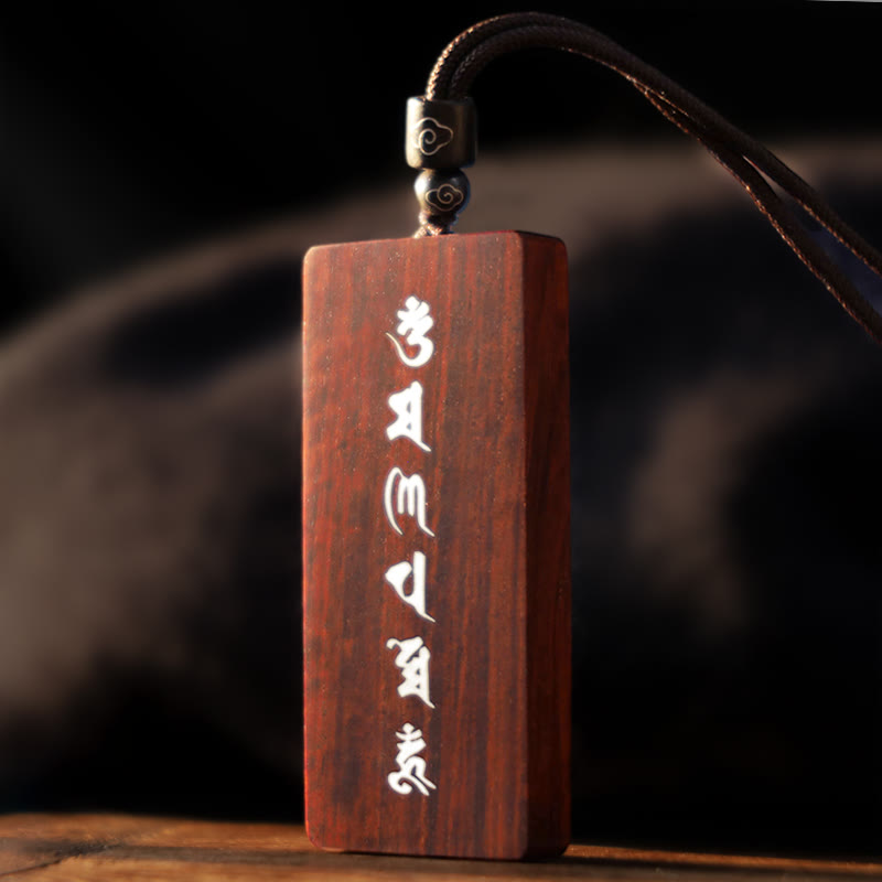 KarmaRipple's 999 Sterling Silver Small Leaf Red Sandalwood Ebony Wood Om Mani Padme Hum Inlaid Protection Pendant Necklace p7