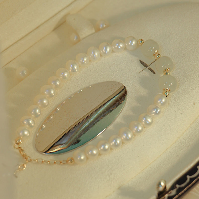 KarmaRipple's 14K Gold Plated Authentic Pearl Hetian Cyan Jade Ivory Jade Sincerity Bead Chain Bracelet p21