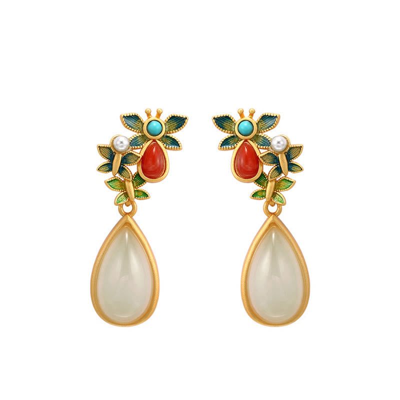 KarmaRipple's Water Drop Ivory Jade Red Agate Butterfly Protection Drop Dangle Earrings p12