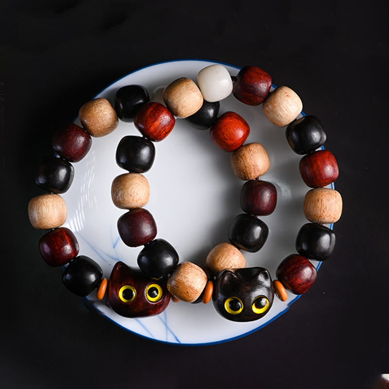 KarmaRipple's Small Leaf Red Sandalwood Ebony Wood Cute Cat Engraved Protection Bracelet p3