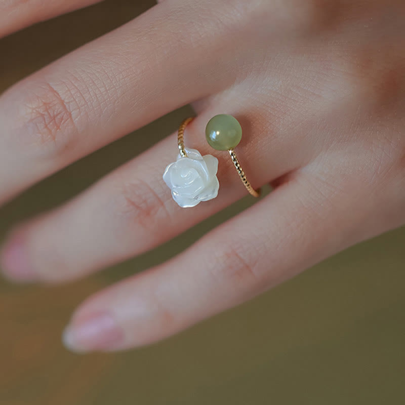 KarmaRipple's 14K Gold Plated Tridacna Stone'se Flower Jade Bead Blessing Ring p9