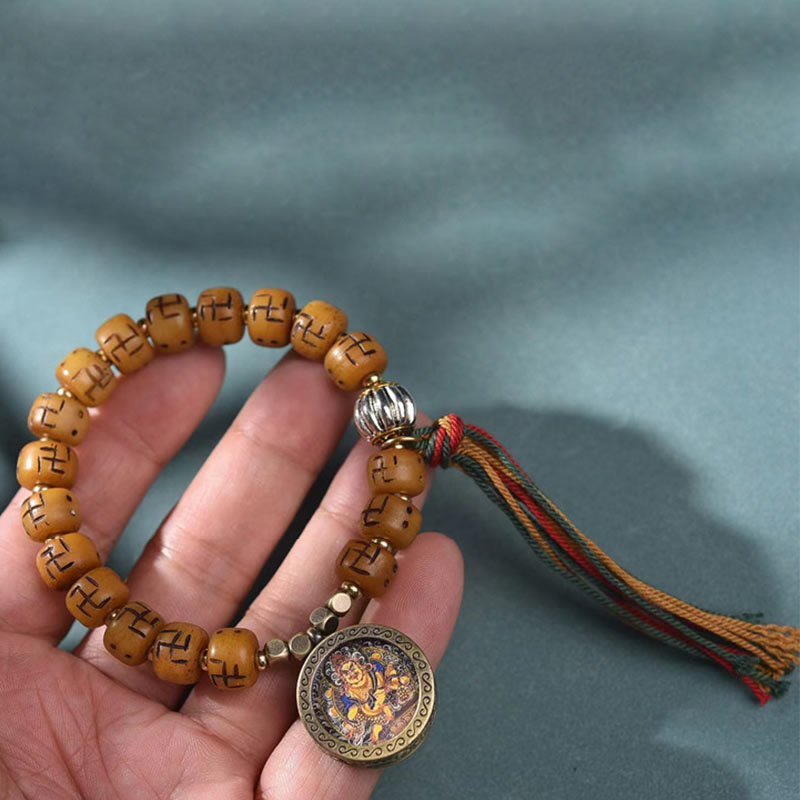 KarmaRipple's Authentic Tibetan Camel Bone Swastika Dzi Bead Shankha Buddha Talisman Kirtimukha Fortune Protection Tassel Bracelet p11