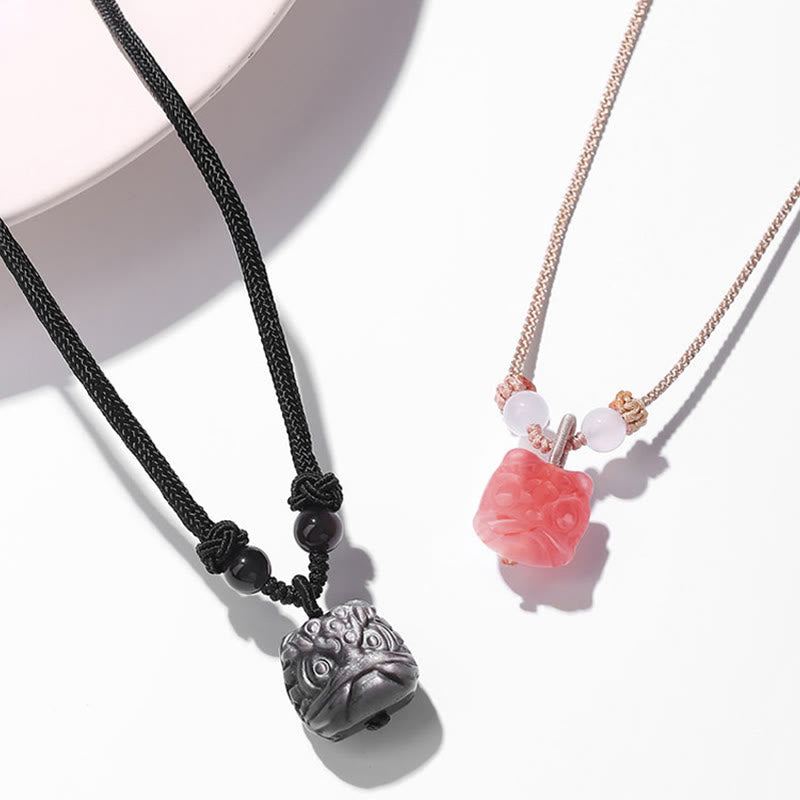 KarmaRipple's Authentic Silver Sheen Obsidian Red Agate Dancing Lion Protection Pendant Necklace p3