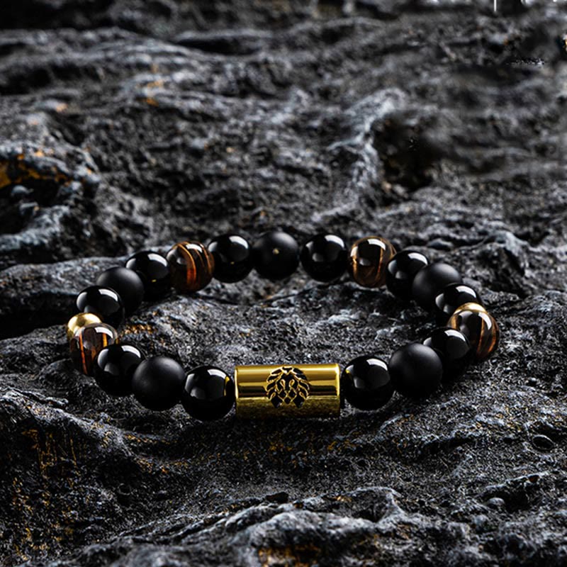 KarmaRipple's Black Onyx Tiger Eye Bead Lion Engraved Protection Bracelet p2