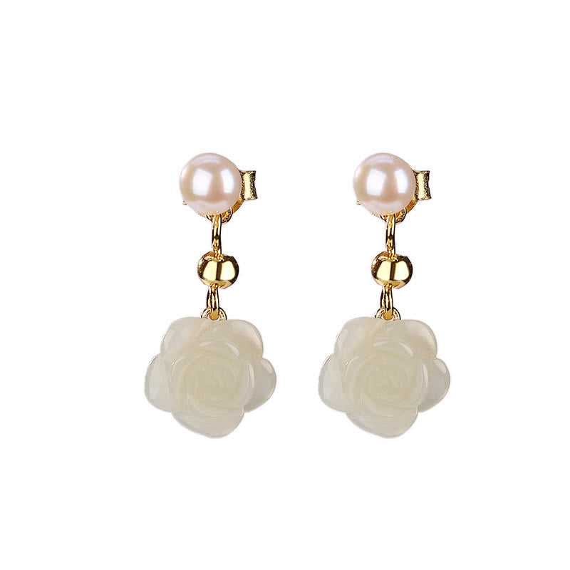 KarmaRipple's 925 Sterling Silver Plated Gold Jade Rose Flower Cyan Jade Pearl Fortune Earrings p9