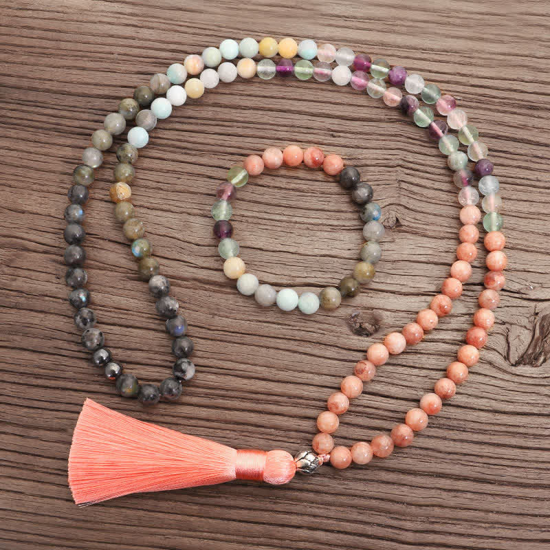 KarmaRipple's 108 Mala Beadwork Fluorite Black Glitter Stone Protection Tassel Bracelet ( p5
