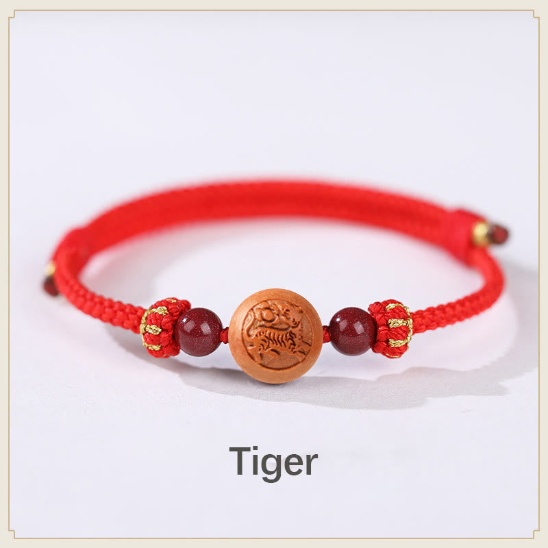 KarmaRipple's Authentic Peach Wood Chinese Zodiac Fu Character Carved Cinnabar Wealth Bracelet p3