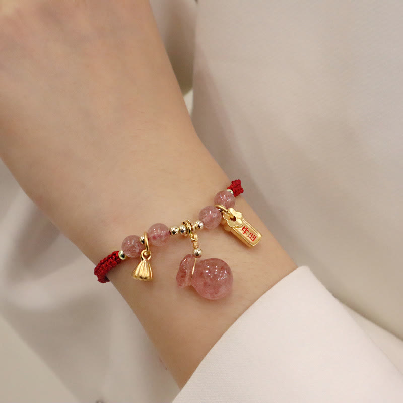 KarmaRipple's Authentic Strawberry Quartz Money Bag Lotus Balancing Talisman Red String Woven Bracelet p2