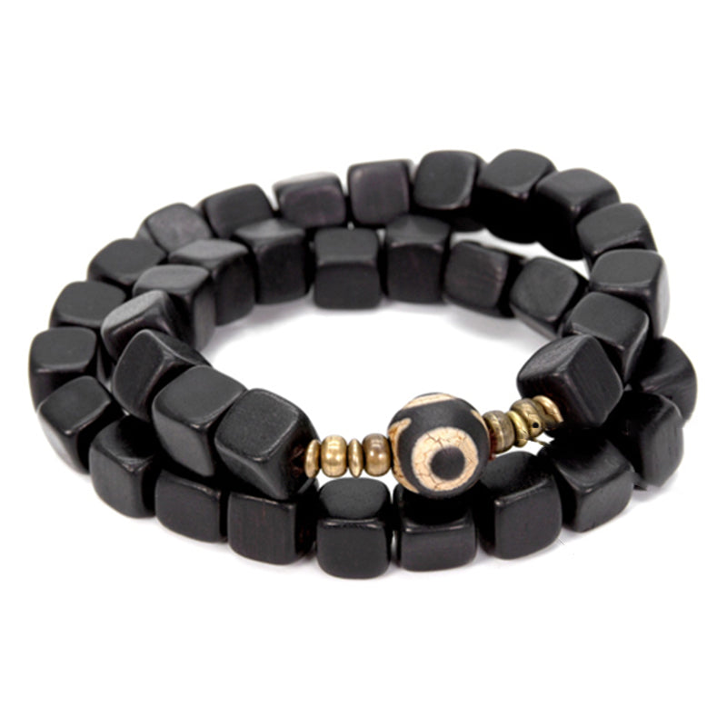 KarmaRipple's Ebony Wood Dzi Bead Bronze Peace Pair Bracelet p2