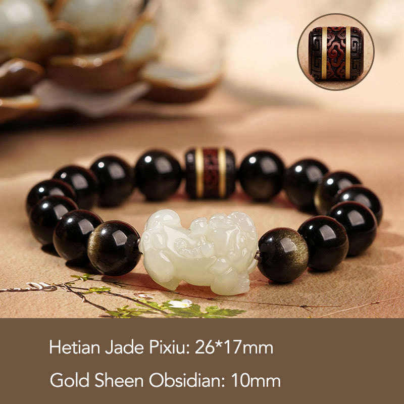 KarmaRipple's Authentic Gold Sheen Obsidian Hetian Cyan Jade Ivory Jade PiXiu Wealth Bracelet p17