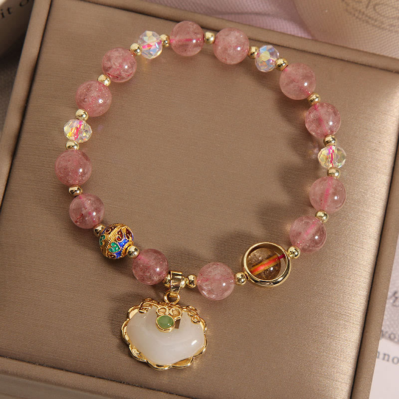 KarmaRipple's Strawberry Quartz Green Gemstone Amethyst Balancing Chinese Lock Talisman Bracelet p4