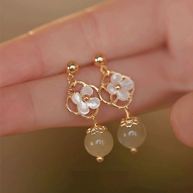 KarmaRipple's Tridacna Stone Flower Jade Bead Blessing Drop Earrings p8