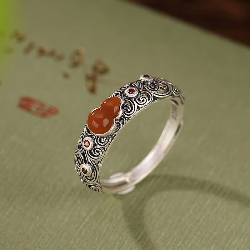 KarmaRipple's 925 Sterling Silver Red Agate Cyan Jade Gourd Blessing Auspicious Ring p4