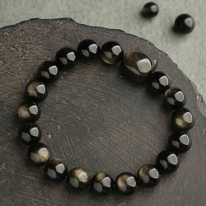 KarmaRipple's Gold Sheen Obsidian Silver Sheen Obsidian Lovely Paw Fortunate Cat Protection Bracelet p18