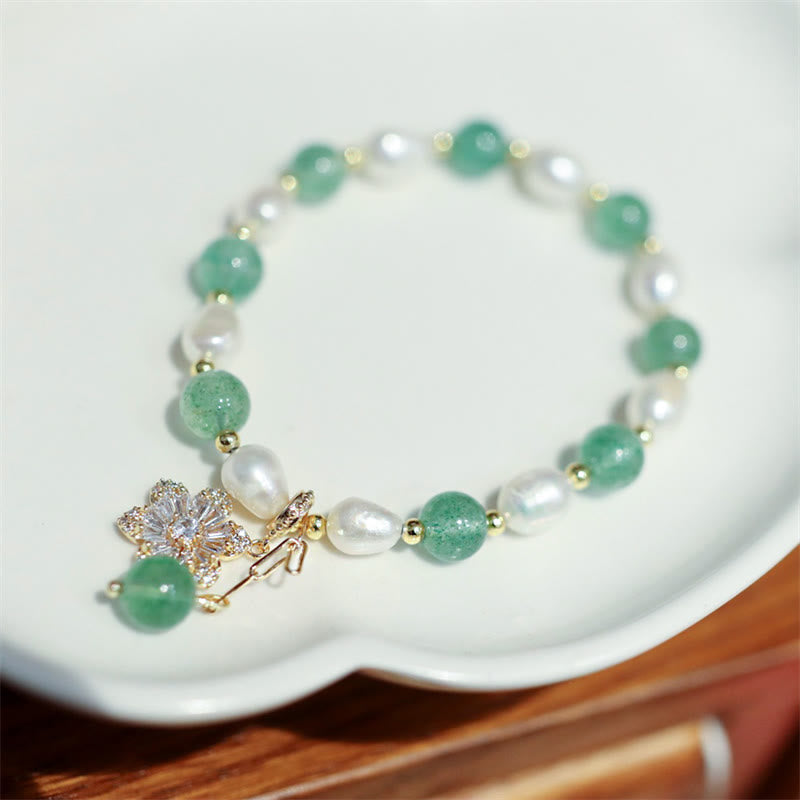 KarmaRipple's Authentic Green Strawberry Quartz Pearl Flower Talisman Love Bracelet p1