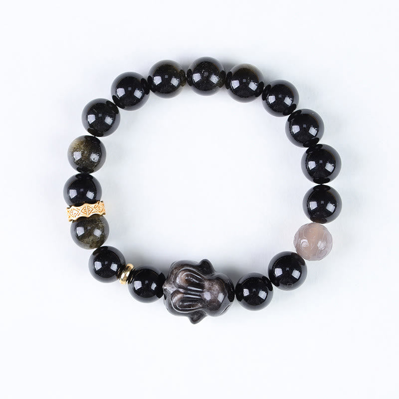 KarmaRipple's Gold Sheen Obsidian Black Obsidian Silver Sheen Obsidian Cute Rabbit Protection Bracelet p2