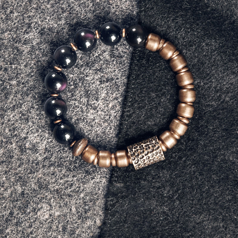 KarmaRipple's Lava Rock Stone Rainbow Obsidian Bronze Support Balancing Bracelet p26