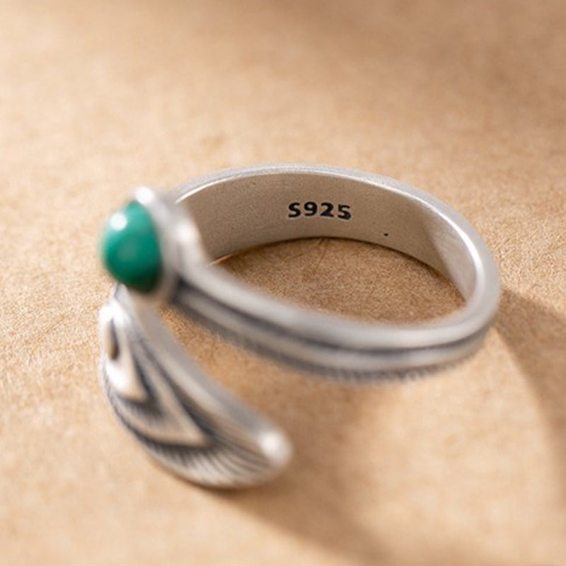 KarmaRipple's 925 Sterling Silver Malachite Bead Feather Protection Ring p7