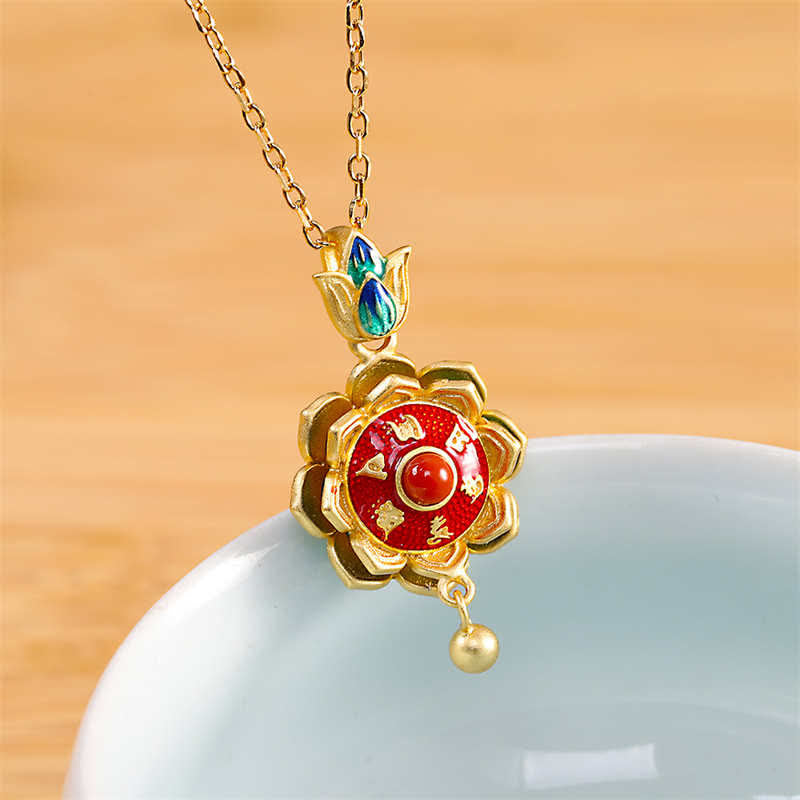 KarmaRipple's 925 Sterling Silver Tibet Lotus Prayer Wheel Red Agate Enlightenment Pendant Necklace p17