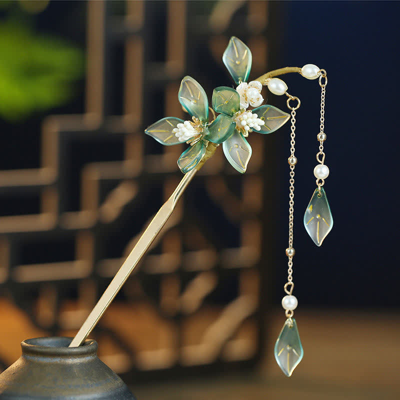 KarmaRipple's Flower Leaf Pearl Peace Tassel Hairpin p6