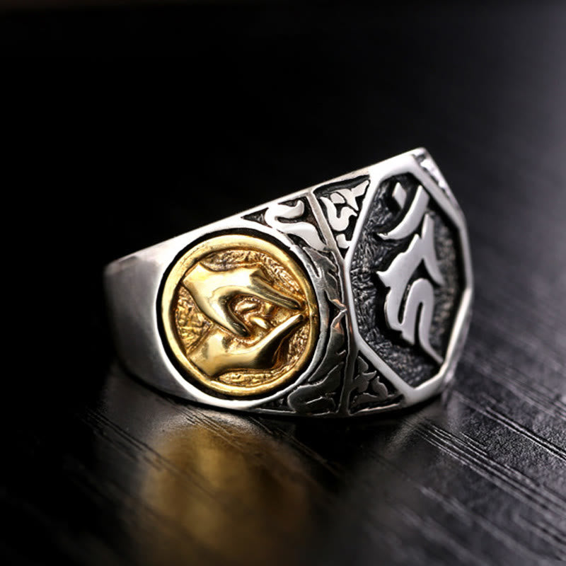 KarmaRipple's 925 Sterling Silver Sanskrit'sign Carved Protection Adjustable Ring p7