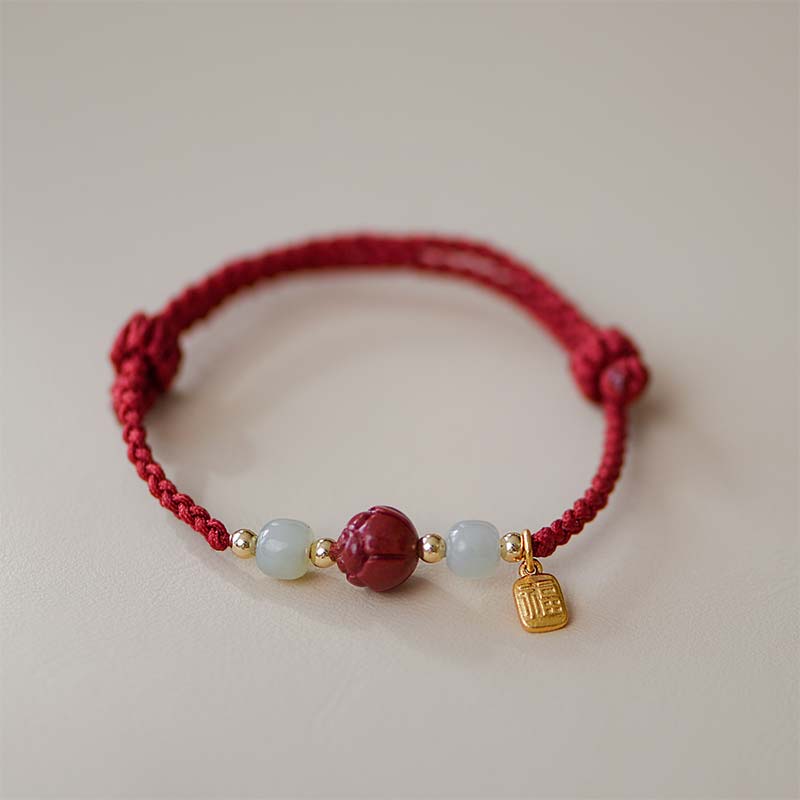 KarmaRipple's Cinnabar Jade Lotus Calm Red String Weave Bracelet p2