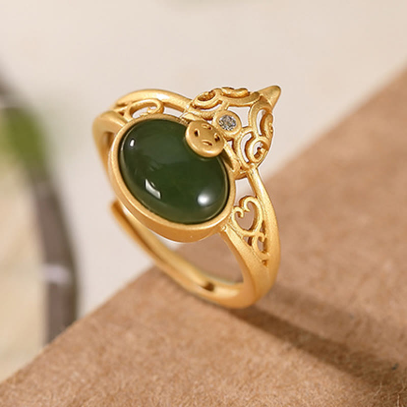 KarmaRipple's Gourd Cyan Jade Bronze Coin Success Fortune Adjustable Ring p8