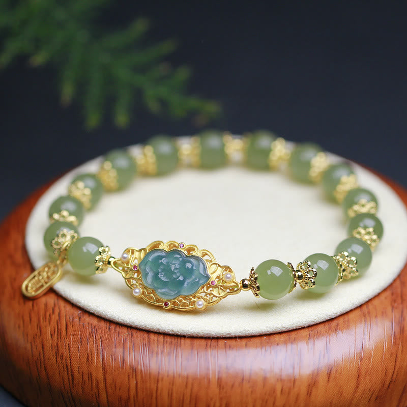 KarmaRipple's 14K Gold Plated 925 Sterling Silver Hetian Jade Lotus Fortune Bracelet p1