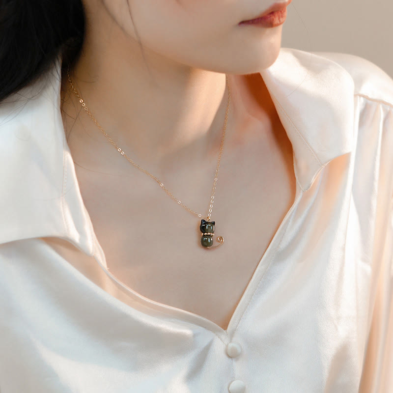 KarmaRipple's 14K Gold Plated Pearl Hetian Jade Shell Fortune Cat Kitten Pendant Necklace p8