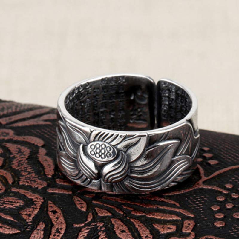 KarmaRipple's 999 Sterling Silver Lotus Symbol Heart Sutra Protection Ring p4