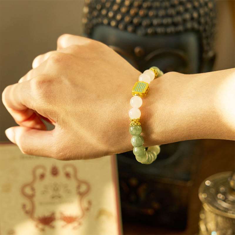 KarmaRipple's Authentic Green Jade Ivory Agate Five Scriptures Abundance Bracelet p5