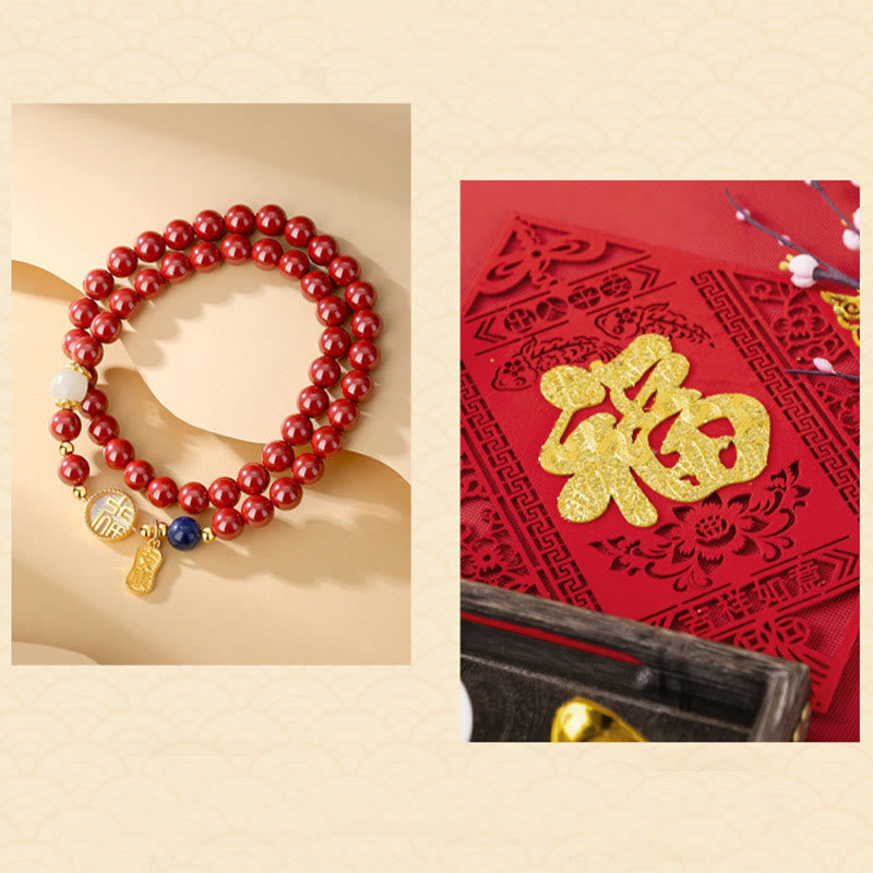 KarmaRipple's 925 Sterling Silver Cinnabar Tridacna Stone Fu Character Double Wrap Blessing Bracelet p9