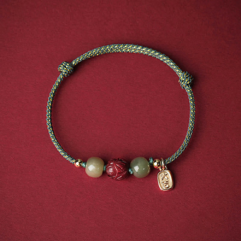 KarmaRipple's 14K Gold Plated Hetian Jade Cinnabar Lotus Fortune Handcrafted Rope Bracelet p23