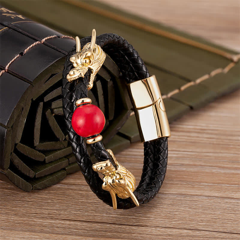 KarmaRipple's Double Dragon Head Leather Stone Titanium Steel Success Bracelet ( p2