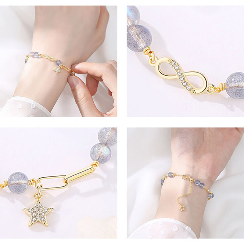 KarmaRipple's 14K Gold Plated Authentic Strawberry Quartz Moonstone M?bius Loop Eternal Love Star Positive Bracelet p9