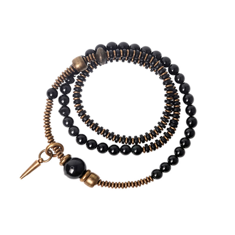 KarmaRipple's Rainbow Obsidian Ebony Wood Bronze Balancing Triple Wrap Bracelet p11