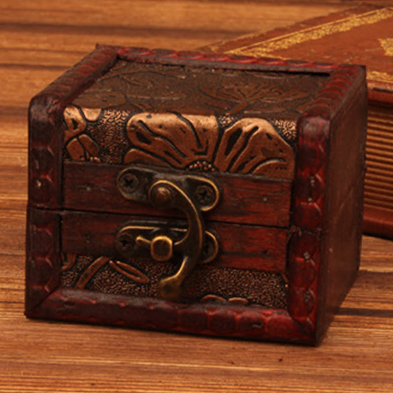KarmaRipple's Retro Small Square Wood Jewelry Box Lotus Grass Flower Grape Bronze Coin Daffodil Jewelry Storage Box p11