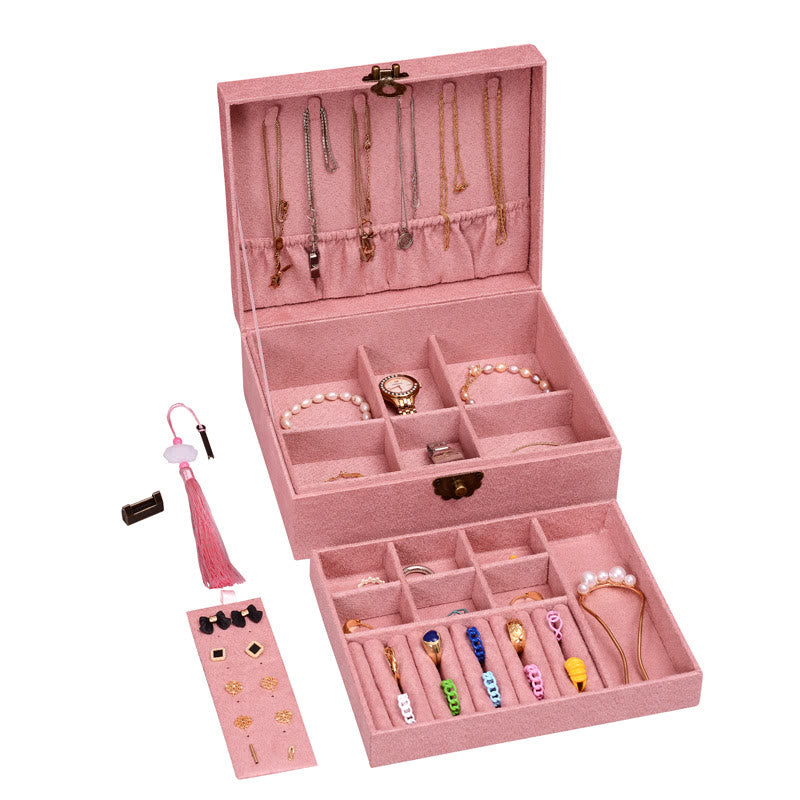 KarmaRipple's Simple Design Jewelry Box Organizer Two-Layer Jewelry Storage Box Flannel Box With Lock p28