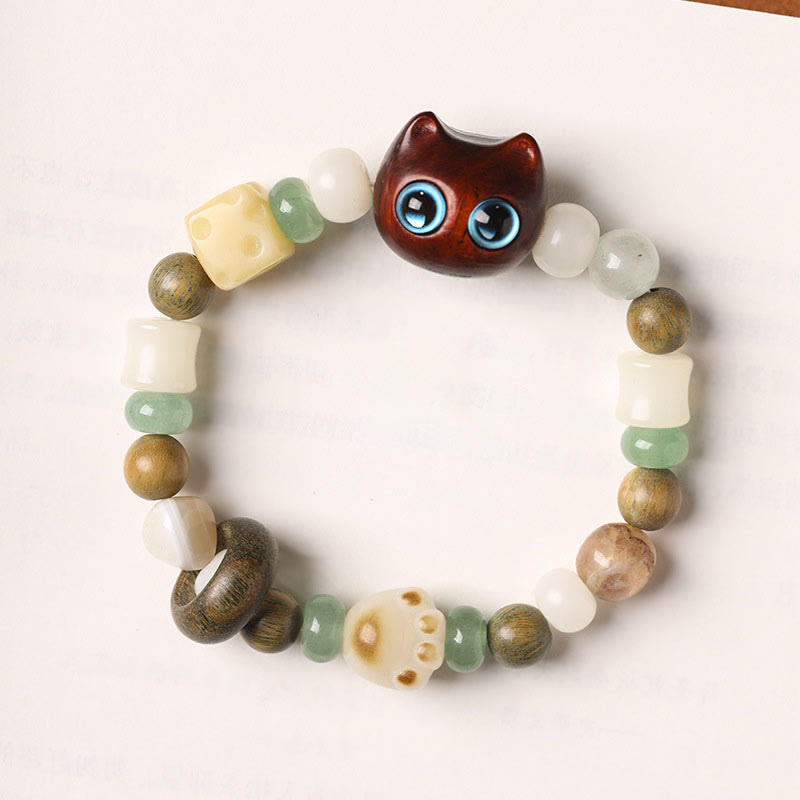 KarmaRipple's Bodhi Seed Green Sandalwood Ebony Wood Small Leaf Red Sandalwood Cat Head Paw Claw Peace Bracelet p14