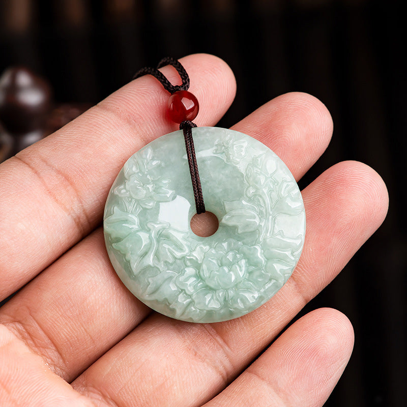 KarmaRipple's Round Jade Peace Buckle Peony Flower Abundance Pendant Necklace p5