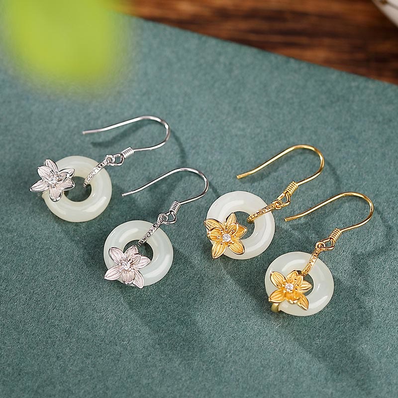 KarmaRipple's 925 Sterling Silver Hetian Jade Peace Buckle Orchid Prosperity Earrings p3