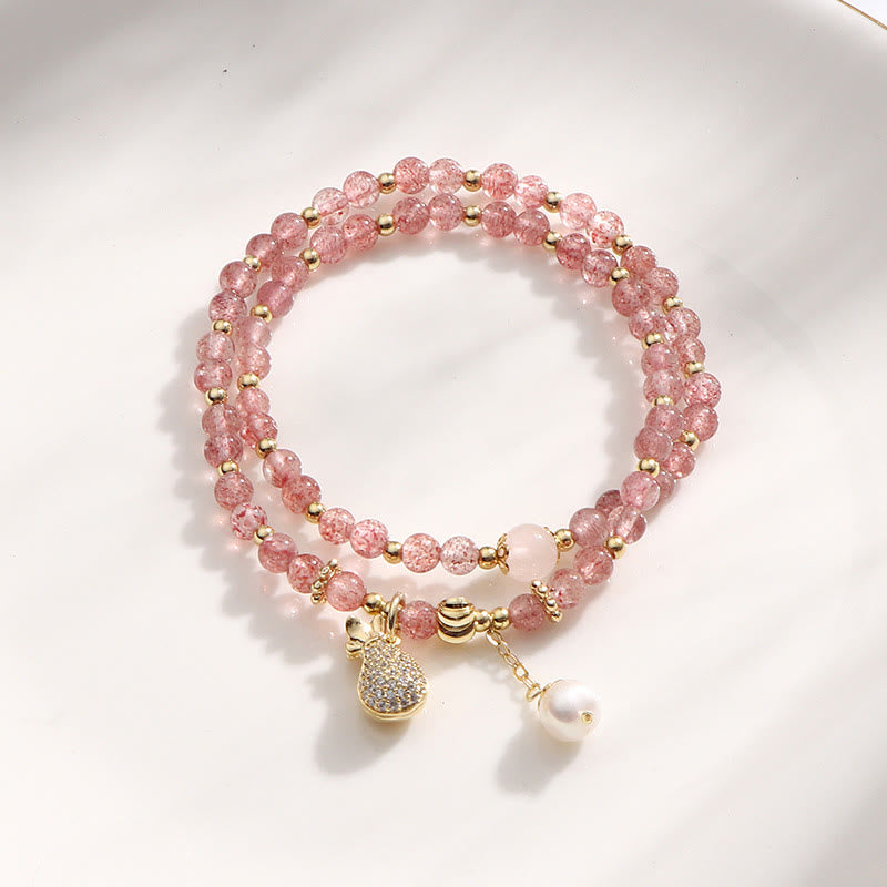 KarmaRipple's Strawberry Quartz Money Bag Positive Talisman Double Wrap Bracelet p1